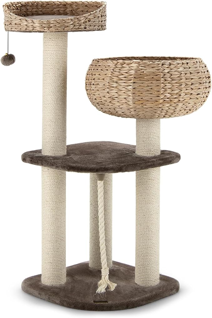41 Inch Modern Cat Tree for Indoor Cats, Multi-Level Cat Tower with Scratching Posts, Hand-Made Wicker Cat Condo & Top Perch, Dangling Ball, Sisal Rope, Cute Cat Tree for Indoor Cats
