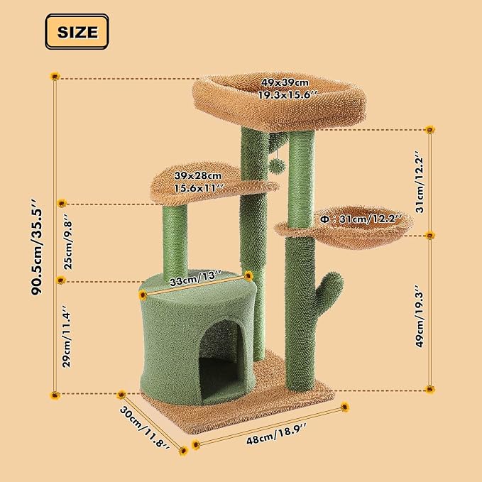 MUTTROS Cactus Cat Tree, Multi-Level Cat Tower with Large Metal Carpet Hammock, Cat Scratching Post for Indoor Cats with Condo & Replaceable Toy Ball, Green