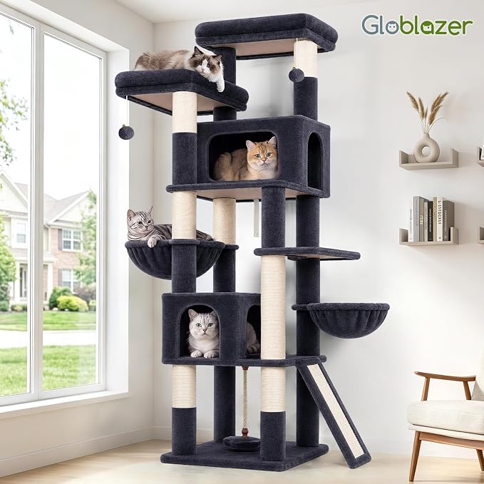 Globlazer 75in Tall Cat Tree Tower for Indoor Cats, F75B, Dark Grey | Large Cat Tree for Indoor Cats Large Adult, Multi-Level Cat Tower with 7 Scratching Posts, 2 Cat Condos, 2 Top Perches