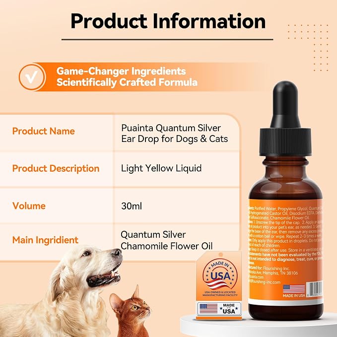 Dog Ear Cleaner Drops for Infection Treatment - 1 Fl Oz | Vet Formulated Patented Quantum Silver Water-Based Drops Soothe Ear Itching, Irritation, Cleans Wax, Odor, Free Finger Cots