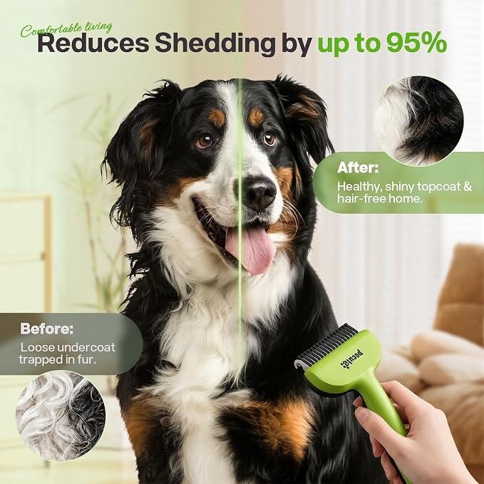 Pecute Self-Cleaning Undercoat Rake for Dogs Cats with Thick Double Coats | 1-click clean, 304SS, 18 rounded teeth, For seasonal heavy shedding & matting, Gentle on pets, Ideal for long/dense coats