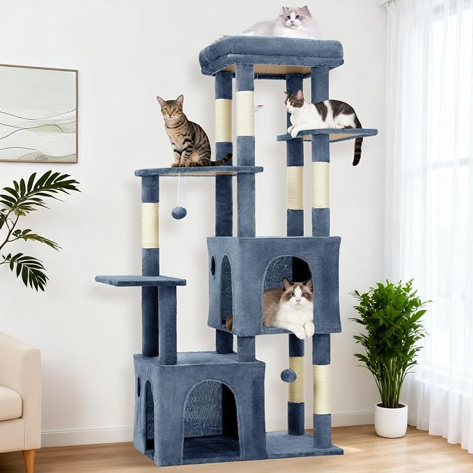 61" Large Cat Tree Tower for Indoor Cats, Heavy-Duty Multi-Level Cat Condo for Maine Coon & Big Cats with Extra-Large Perch, 2 Spacious Houses, Sisal Scratching Posts & Hanging Toys - Light Blue