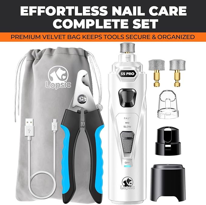 Whisper Quiet Dog Nail Grinder Safe & Stress-Free for Sensitive Dogs Cats | 4 LED Lights,3 Grinding Bits, 3-Speed, Pet Nail Trimmers, Rechargeable Painless Grooming Kit for All Breeds & Sizes