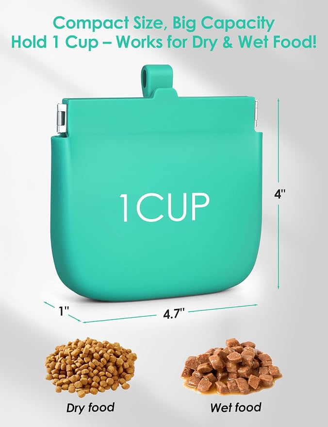 1 Cup Silicone Dog Training Treat Pouch(Turquoise) | Clip on Leash or Belt Loop, One-Hand Access with Pull Tab, Small Pocket Sized, Auto Closing Lid for Pet Training & Walking
