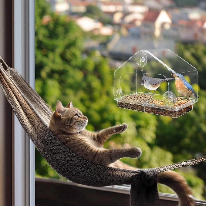 MEWTOGO Outdoor Window Bird Feeder for Cats Viewing, Large | Clear Bird Feeder with Strong Suction Cup, Cat Perch Accessories for Entertaining Watching