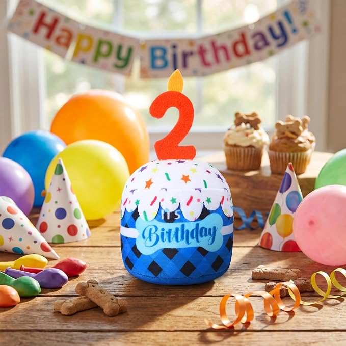 Dansydaisy Dog Birthday Cake Toy Squeaky Plush Toy for Girl Boy Gifts, Chew Accessories for Dog Birthday Party Decor Favor for Large, Medium and Small Dogs(2nd,Blue Grid)
