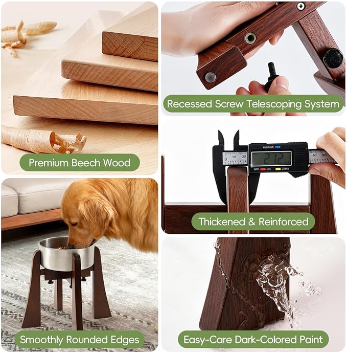 Solid Wood Elevated Dog Bowl Stand with Adjustable Width, 12-Inch Raised | Fits 6.3-7.8 Inch Dog Food & Water Bowls, Non-Slip Base, Ergonomic Design for Corgis, Beagles, Medium Breeds, Stand Only