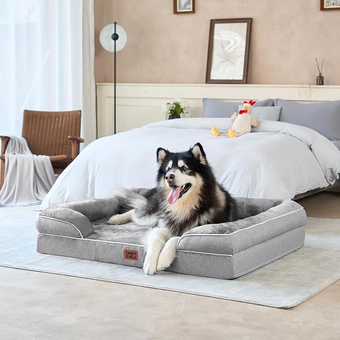 EHEYCIGA Orthopedic Dog Beds for Extra Large Dogs 44x32Inch, Polyurethane Foam XL Pet Bed with Sides, Non-Slip and Egg-Crate Foam Big Dog Couch Bed with Washable Removable Cover, Grey