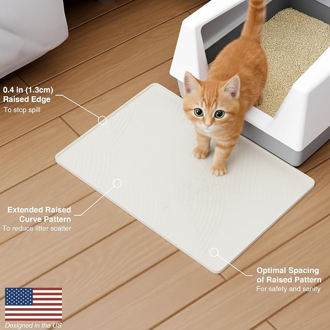 Cat Litter Box Mat - SM Small Medium Size 24 x 17 in, Water Proof, Kitty Litter Trapping Mat, Easy to Clean, Scatter Control, Odorless, Pet Supplies for Indoor Cats, Warm Beige
