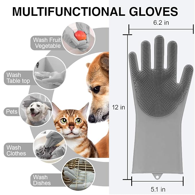 Pet Grooming Gloves, 5-Finger Silicone Dog Bath Scrubber with High-Density Teeth, Reusable Washing Massage Gloves for Dogs & Cats(Grey)