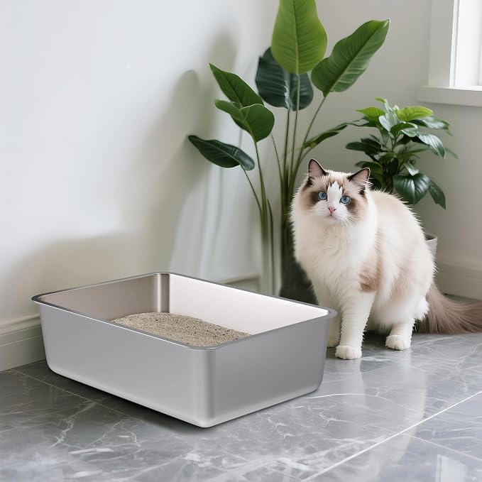Stainless Steel Litter Box, 20"x14"x6" Large Metal Cat Litter Box, Easy to Clean, Non Stick No Smell,Steel Litterbox for Adult Cats/Kitty