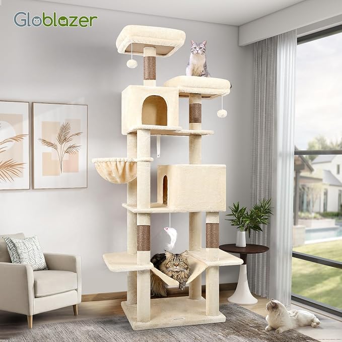 Globlazer Extra Tall Cat Tree Tower for Indoor Cats, 76in, F76, Beige | Multi-Level Cat Furniture with Cozy Condos,Hammock and Perches for Large Adult Cats, Perfect for Climbing, Scratching