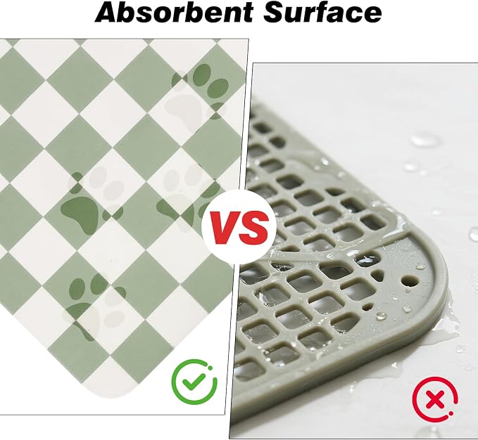 CooRug Checkered Dog Food Mat, Pet Feeding Mat 24" L x 16" W, Green | Absorbent, Leak-Proof, Anti-slip, Quick Dry, Eco-friendly Materials, Easy to clean and store, For Messy Drinkers