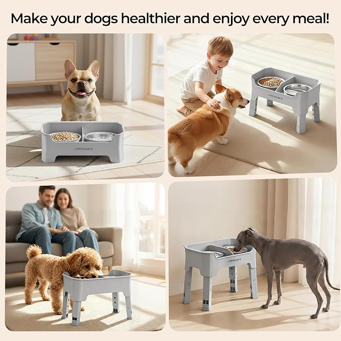 URPOWER Mess Proof Elevated Dog Bowls 4 Height Adjustable Raised Bowl Stand with 2 Stainless Steel Dog Bowls Non-Slip Food and Water Bowl Set for Small Dogs, Light Grey