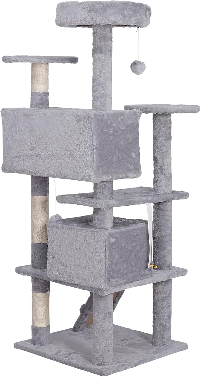 ZENY 54 inches Cat Tree with Sisal-Covered Scratching Posts and 2 Plush Rooms Cat Furniture for Kittens (Light Gray)