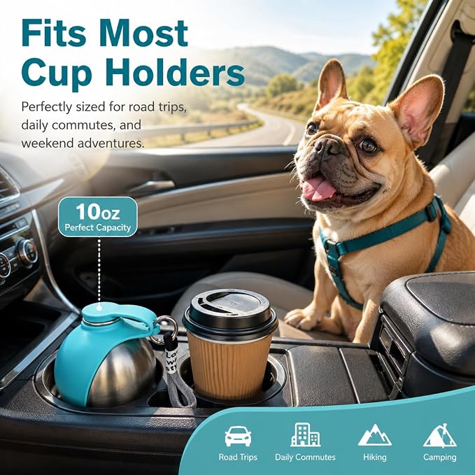 Portable Dog Water Bottle 10oz Stainless Steel Travel Dog Water Dispenser with Bowl No-Spill Puppy Water Bottle for Walking Hiking Small Dog Water Bottles Leak-Proof Collapsible Silicone Bowl