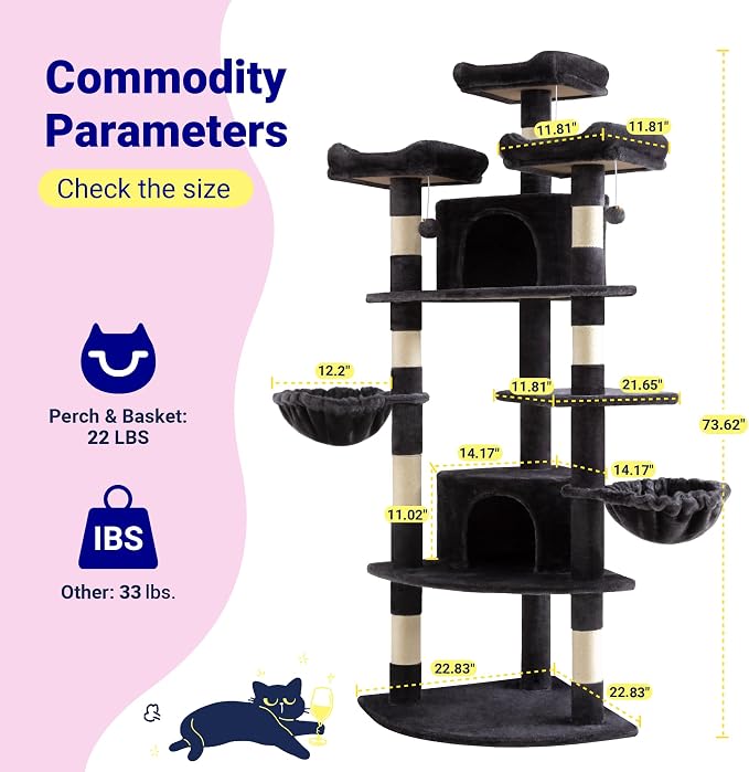 Allewie 73in Fan-Shaped Space-Saving Corner Cat Tree Tower, Dark Grey | Multi-Level Tall Cat Tree for Indoor Cats, Cozy Baskets, Condos, House, Perches, Sisal Scratching Posts, Pet Activity Center