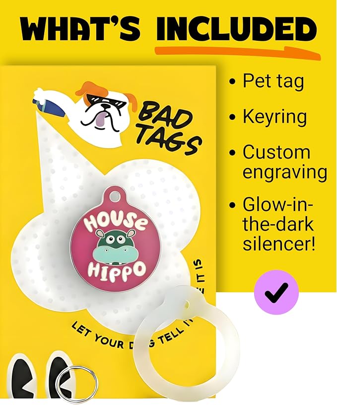 Bad Tags Personalized Dog and Cat ID Tags in 25+ Designs and 2 Sizes - 5 Lines of Custom Engraved Text - Funny Cute Personalized Pet Tags (House Hippo - Pink, Large (1.25 inch))