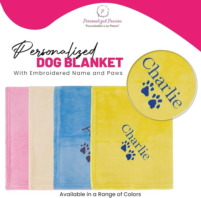 Personalized Passion Dog Blanket with Embroidered Name & Paws - Soft and Cozy for Bed, Couch, Car - Water Resistant Pet Fleece Blanket for Dogs and Cats - Yellow - 28x40 Inches