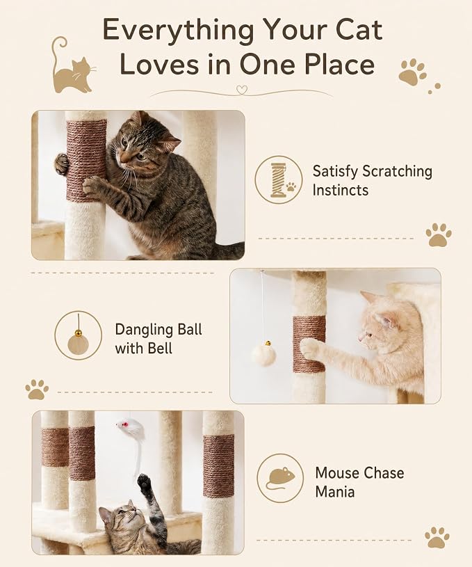 Cat Tower, 71 Inch Heavy Duty Cat Tree for Large Cats | Tall Multi-Level Cat Tree Tower with Extended Base, 2 Condos, 3 Perches, 9 Sisal Posts & Hammock for Indoor Adult Cats, Beige