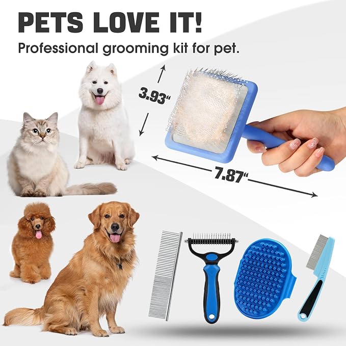 Bonteck Dog Slicker Brush for Dogs Grooming Kit 5PCS | Large Dog Brush for Goldendoodles Poodles Doodles | Long Pin Haired Brush | Poodle Brushes and Comb (Blue)