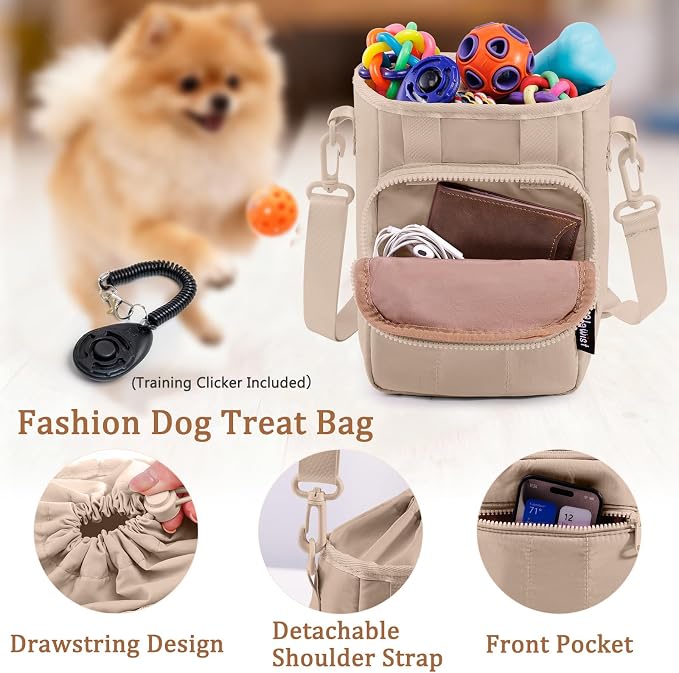 Stylish Dog Training Treat Pouch with Waist & Shoulder Strap, Dog Treat Bag for Walking and Training, Removable Waterproof Liner, Drawstring Treat Holder with Front Pocket & Clicker