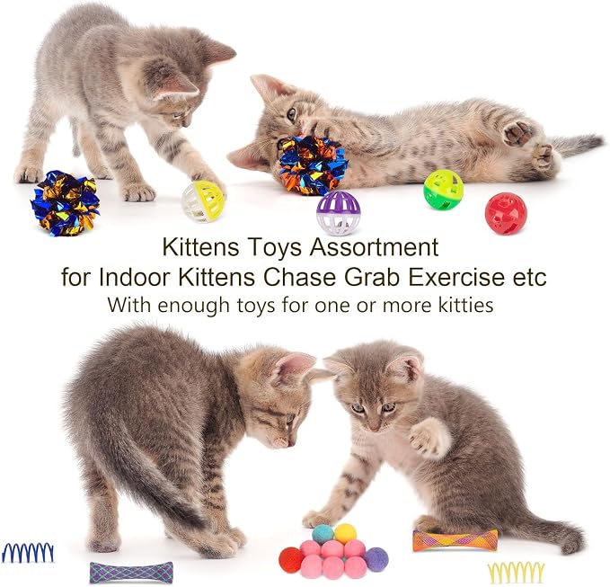 Retro Shaw 33 Pack Cat Tunnel Toy Set for Indoor Cats Kittens, Solves Boredom & Anxiety with 2 Collapsible Tunnels Interactive Feather Wand Springs Balls Crinkle Toys Mice