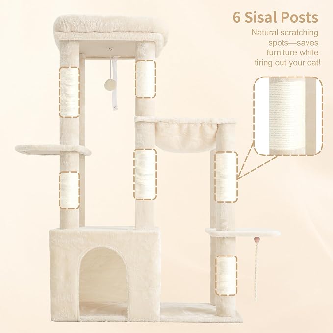 Heybly Heavy Duty Cat Tree with Large Base for Large Indoor Cats HCT026M | Cat Tower with Scratching Posts, Tall Cat Condo House , Multi-Level Plush Furniture with Hammock & Toy Balls, Beige