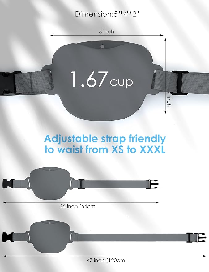 heouvo 1.67 Cup Dog Treat Pouch with Training Clicker (Grey) | Magnetic Closure, Silicone Bag with Waist Belt for Pet Training & Walking, Easy One-hand Treat Access