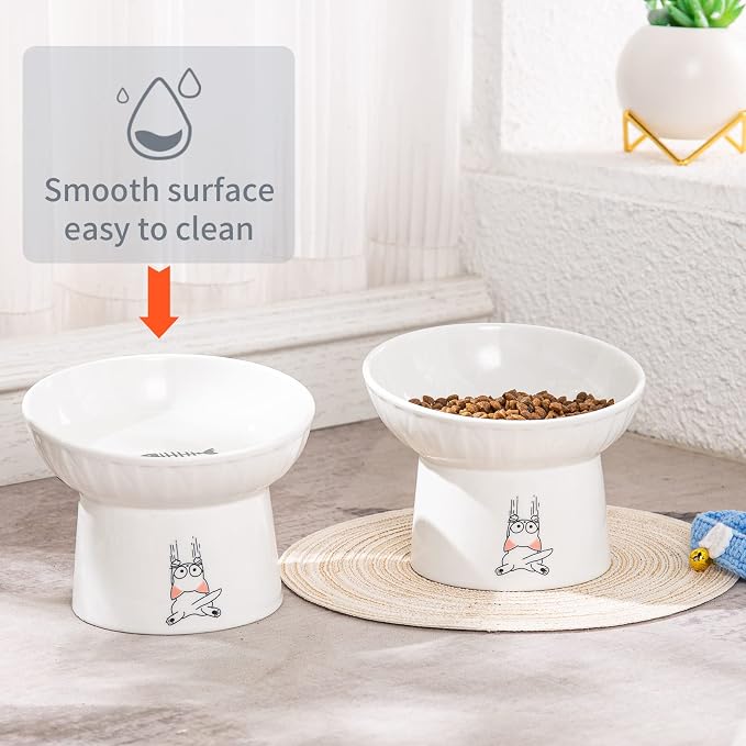 6.5 Inch Extra Wide Ceramic Raised Cat Bowls, Tilted Elevated Cat Bowl | Prevent Neck, Whisker Fatigue, Anti Vomit, for Elder Big Cats & Small Dogs, Dishwasher Microwave Safe, 2 Pack, White