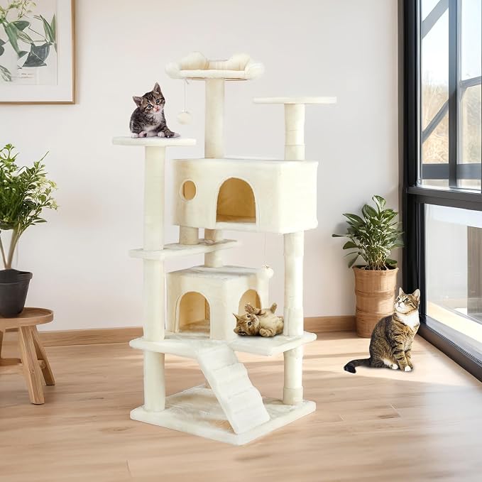 Sweetcrispy 54-inch Cat Tree Tower with Scratching Posts, Indoor Use | Multi-Level Indoor Cat Tree Condo with Climbing Ladder, Plush Toy, Play House for Kitten, Beige