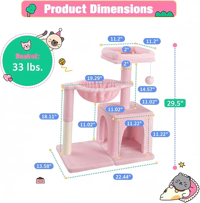 Allewie 29.5in Indoor Cat Tree, Multi-Level Cat Tower with Sisal Scratching Posts, Padded Perch, Basket, Condo, and Hanging Ball, Suitable for Kittens and Adult Felines, Pink