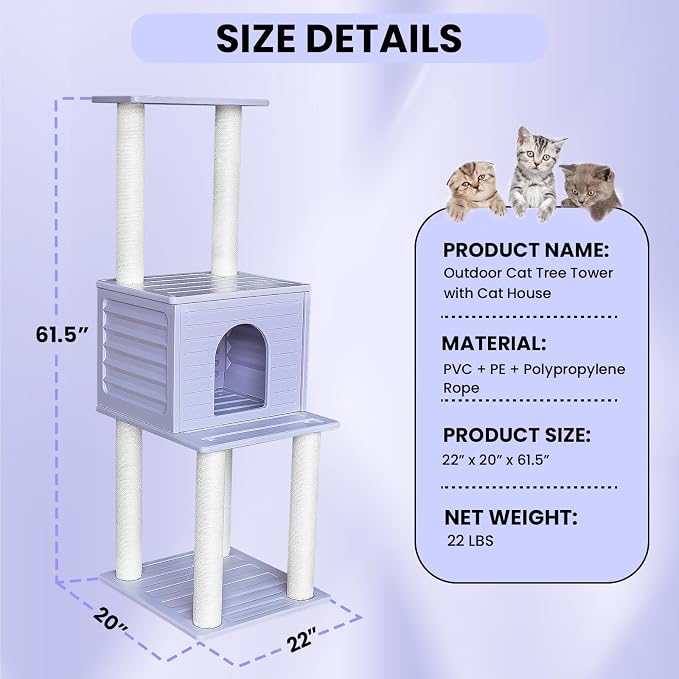 61in Weatherproof Large Cat Condo with Scratch Post for Indoor&Outdoor Cats | Purple Cat Tree Tower with Cat House,Plastic Panels&Durable Polypropylene Scratch Ropes,Suitable for Catio,Deck,Patio CTT-3