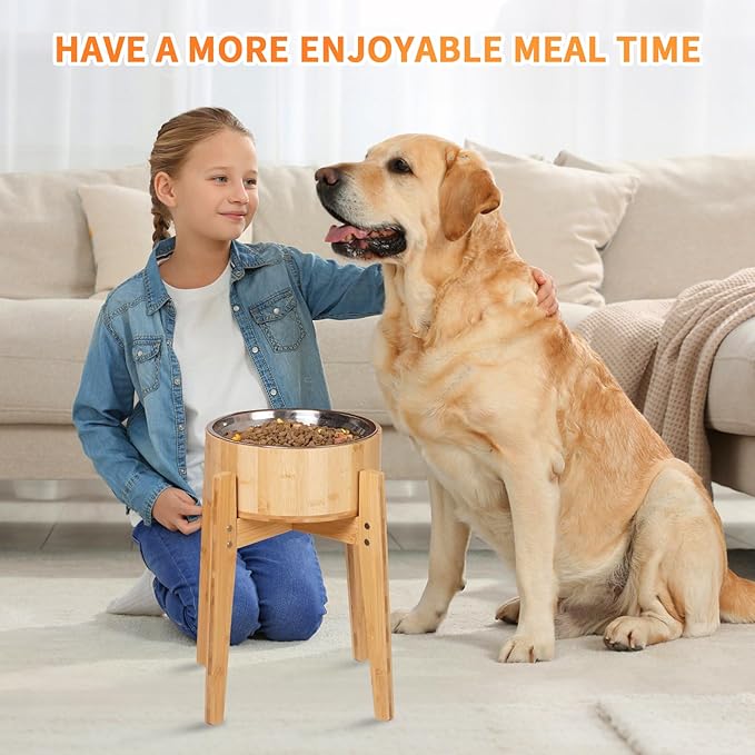 Elevated Dog Bowls for Large Dogs Feeder Two Bowls with a Stainless Steel and Bamboo Dishes,Raised Dog Bowl Stand with Non-Slip Feet,Ideal for Medium and Large Breeds, (13.5-inch High)