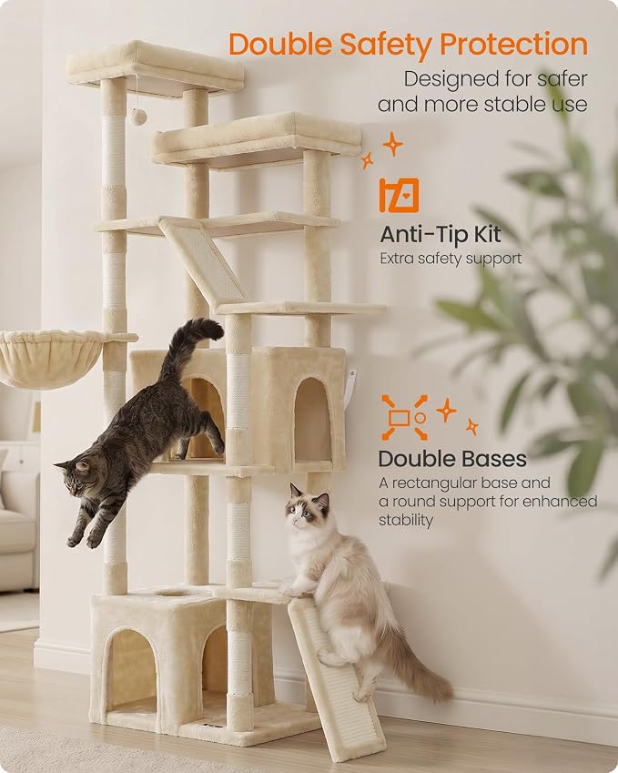 Feandrea 72.6-Inch Tall Cat Tree Tower for Indoor Extra Large Cats, Scratching Posts, Scratching Boards, Multi-Level Design, Beige UPCT014Y101S