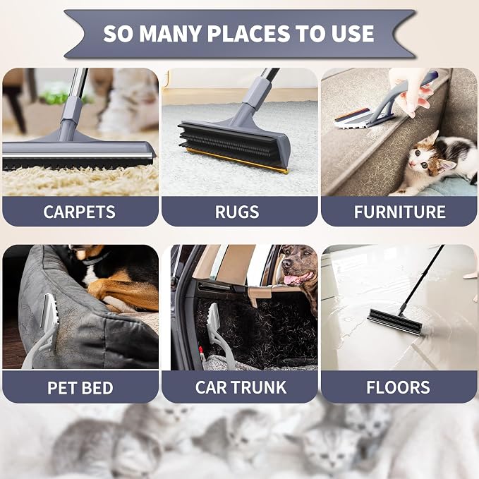 Carpet Rake for Pet Hair Removal - Reusable Dog & Cat Hair Remover with 58" Reinforced Steel Handle, 3-in-1 Professional Modular Rug Rake & Scraper Tool for Shag Rugs, Couch, Stairs (Gray)
