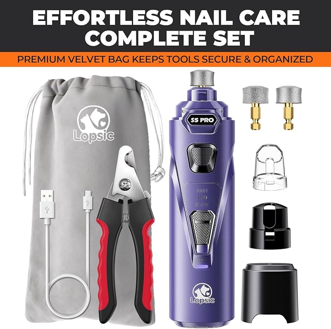 Whisper Quiet Dog Nail Grinder Safe & Stress-Free for Sensitive Dogs Cats | 4 LED Lights,3 Grinding Bits, 3-Speed, Pet Nail Trimmers, Rechargeable Painless Grooming Kit for All Breeds & Sizes