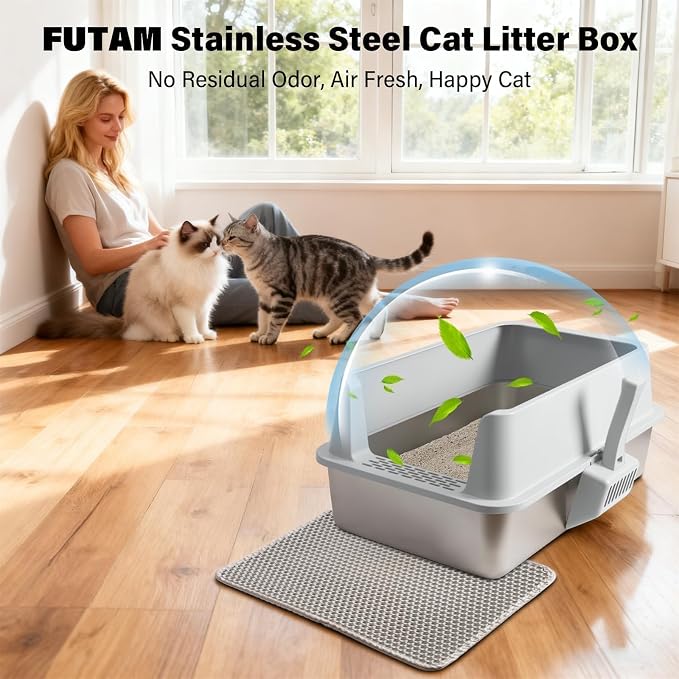 XL Stainless Steel Litter Box with High Sides, Extra Large Metal Cat Litter Box for Big Cats, Anti-Urine Leakage, Easy Clean, Non-Sticky, Includes Scoop & Mat