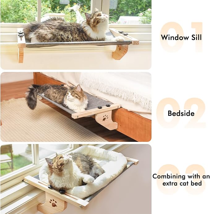 AMOSIJOY Cat Windowsill Perch with Wood & Metal Frame for Large Cat, 27.5in | Solid Wood Frame, Easy to Adjust, Washable Berber Fleece Cover, No Suction Cups Cat Window Seat for Windowsill, Bedside