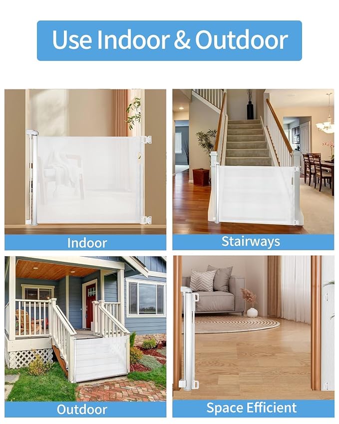 Veraste Retractable Baby Gate for Doorways and Stairs, Mesh Safety Gate for Pet, Indoor & Outdoor Use, One-Hand Operation, Easy Installation, 33.6" Tall, Expands to 55" Wide(White,33.6"x55"