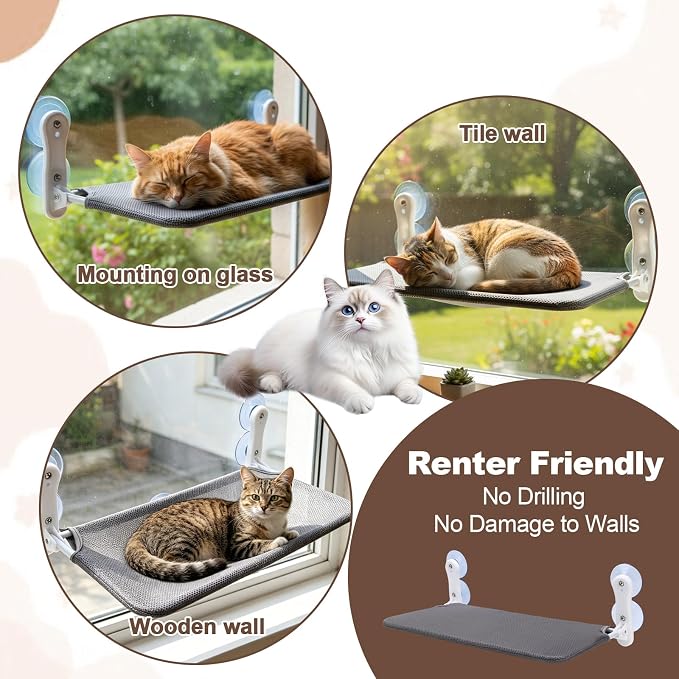 Renter Friendly Cat Shelves, Cat Window Perch Hammock Bed with 4 Suction Cups, Cordless Foldable Metal Frame & Reversible Cover, Indoor Window Hammock