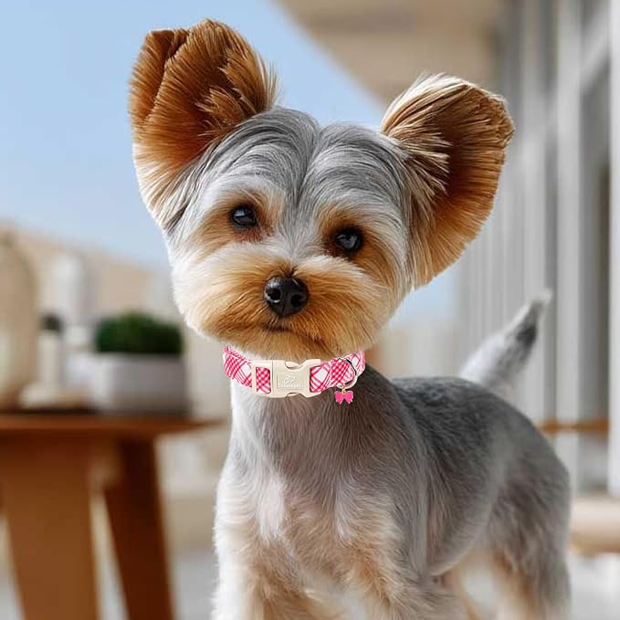 Girl Dog Collar, Bright Pink Glen Check Dog Collars for Puppy Small Dogs - Cute Spring Summer Plaid Pup Collar, Soft Adjustable Female Dog Collars with Quick Release Buckle XS