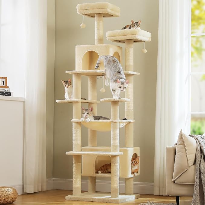 PAWZ Road XXL 81" Cat Tree Large Cats with Big Condos,Perches Sisal Posts | 20"x16" hammock for adult cats, tall cat tower with 7 scratching posts, dual perch and large condo for big maine cats