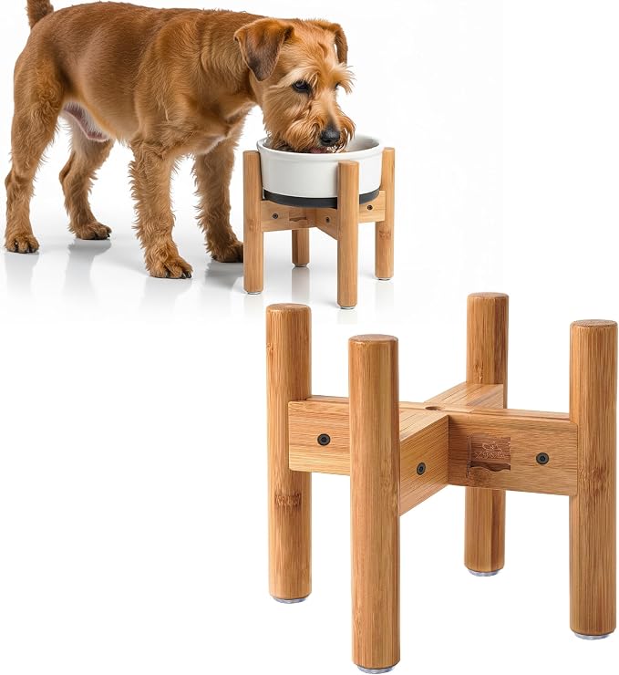Dog Bowl Stand for Small-to-Medium Dogs - Adjustable | Use to Elevate Raise Dog Food, Water and Slow Feeder Bowls, Lock-Bolts and Tool Added, Foot-Padded, Bamboo Stand Only