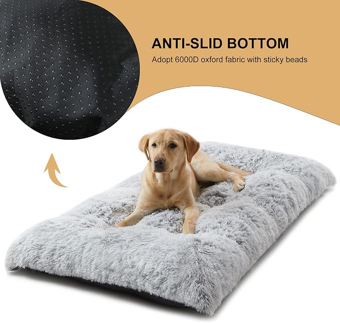 BFPETHOME Dog Beds for Large Dogs, Plush Dog Crate Bed Fluffy Cozy Kennel Pad for Sleeping &Ease Anxiety, Washable Pet Mats with Anti-Slip Bottom for Large Dogs, Grey
