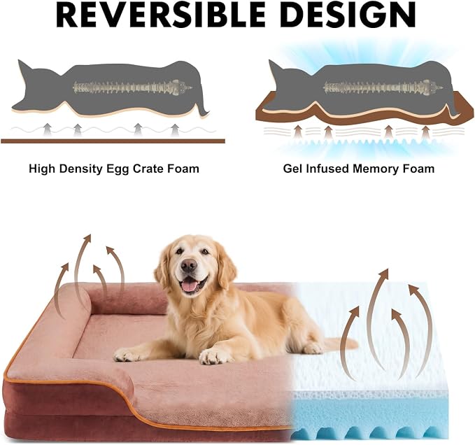 DUMOS Orthopedic Dog Beds for Large Sized Dogs, 42x32 in Machine Washable Cover Pet Bed, Anti-Slip Waterproof Memory Foam Couch Bed for Indoor Dogs and Cats, Brown