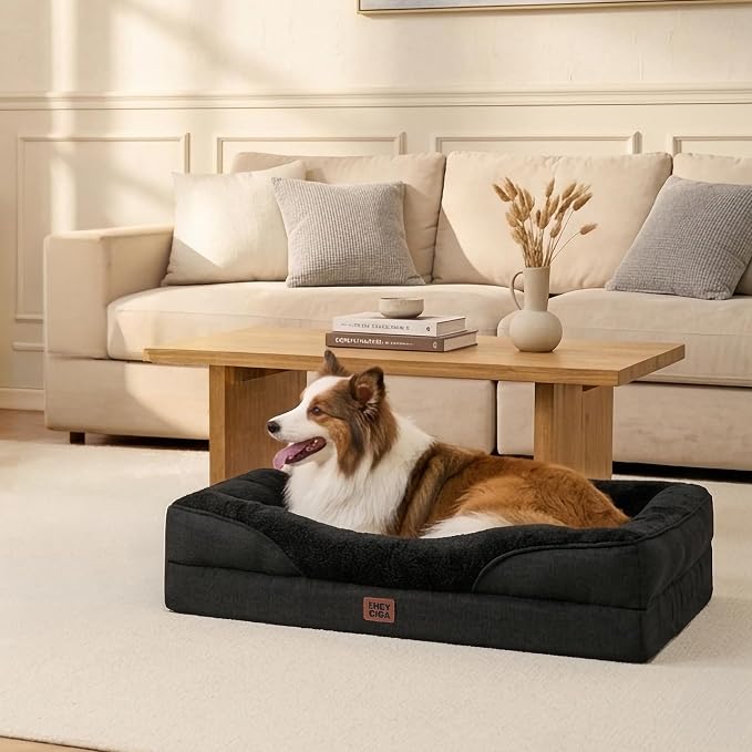 EHEYCIGA Orthopedic Dog Bed for Large Sized Dog, 36x27 Inch Large Memory Foam Dog Couch Bed with Sides, Waterproof Liner & Washable Removable Cover, Bolster Pet Sofa, Black