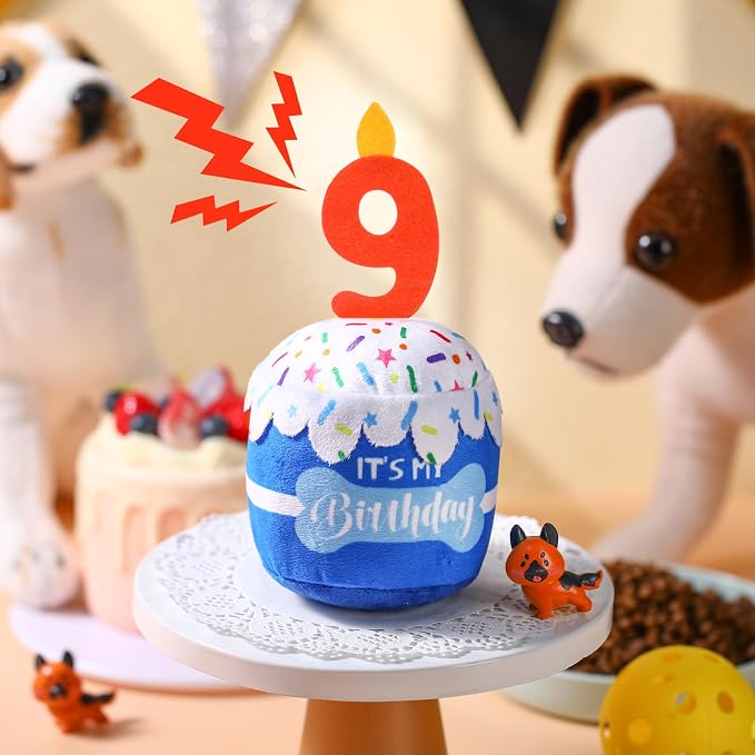 Dansydaisy Dog Birthday Cake Toy Squeaky Plush Toy for Girl Boy Gifts, Chew Accessories for Dog Birthday Party Decor Favor for Large, Medium and Small Dogs(9th,Blue)