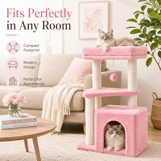 Small Cat Tree Tower for Indoor Cats, 33 Inches Multi-Level Cat Condo with Scratching Posts, Large Perch, Hanging Toy for Large Adult Cats, Pink