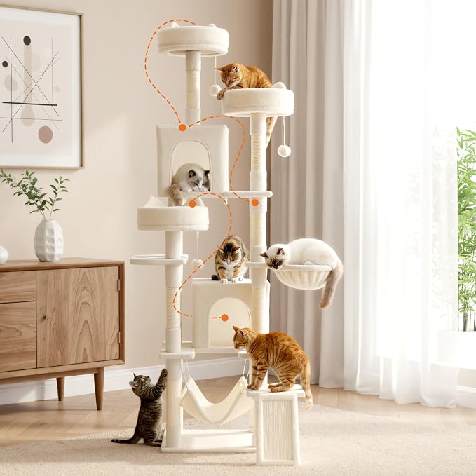 DUMOS Tall 75 inch Cat Tree Tower with Scratching Posts, Indoor Cats Use | Large Multi Level Cat Climbing Tower with Condo, Platform, Hammock, Basket, Pet Tree House for Kittens Play, Beige